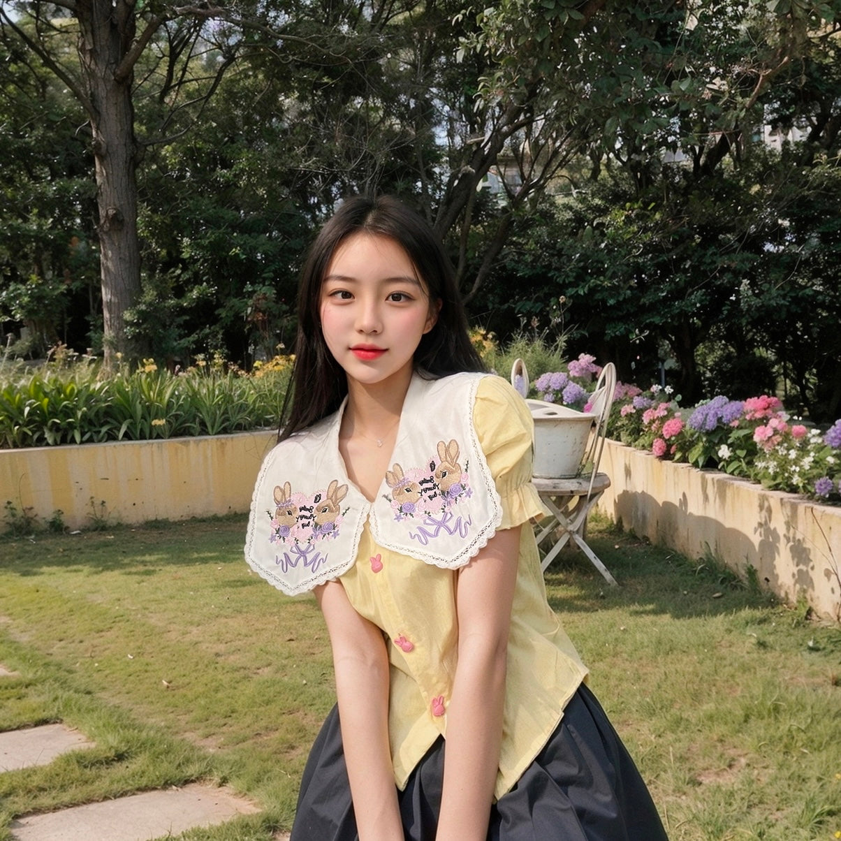 Dolly Bunnies Collar Puff Sleeve Top (White, Beige)