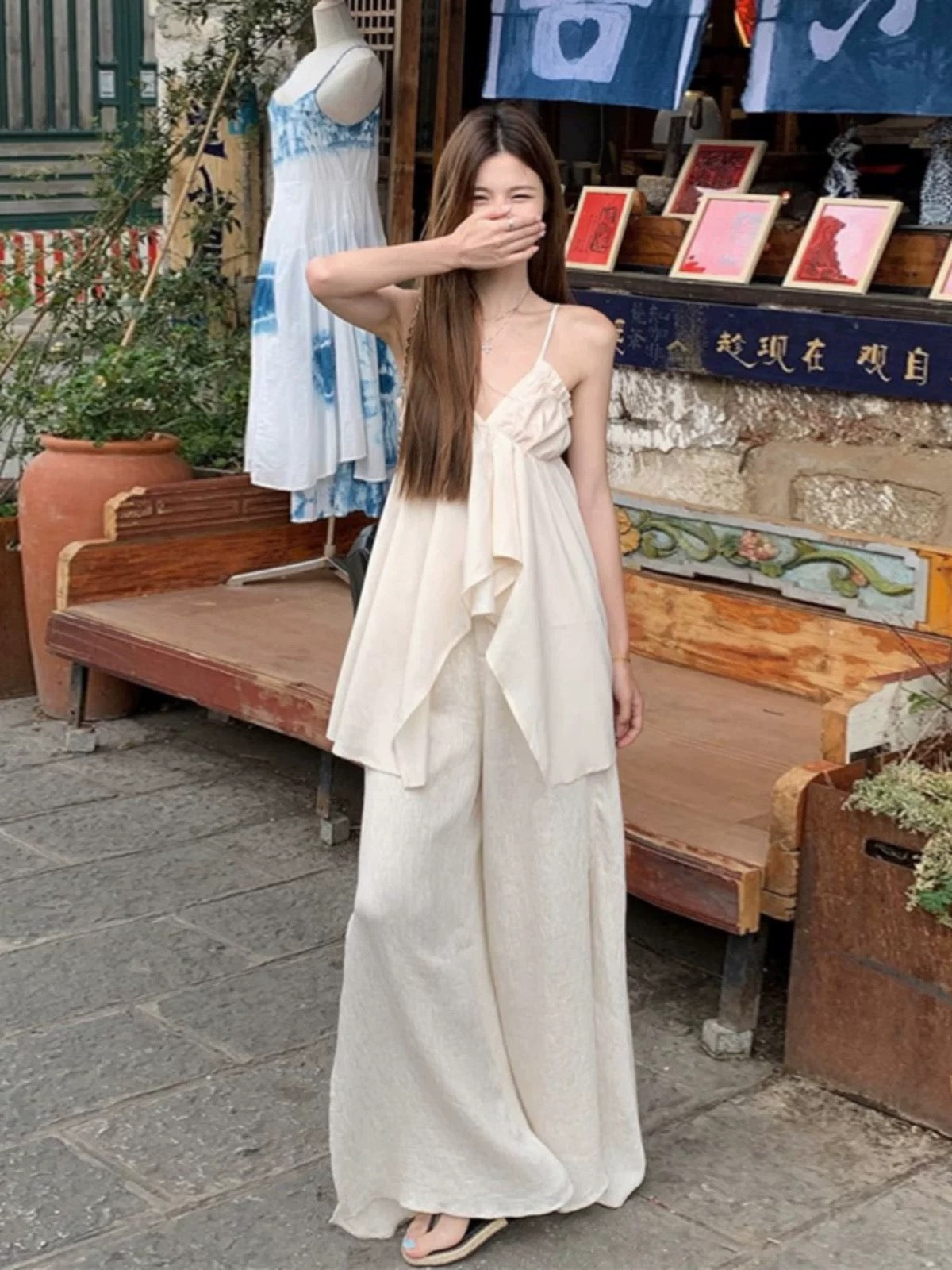 Bohemian Strap Top + Pants Two Piece Set (Cream)