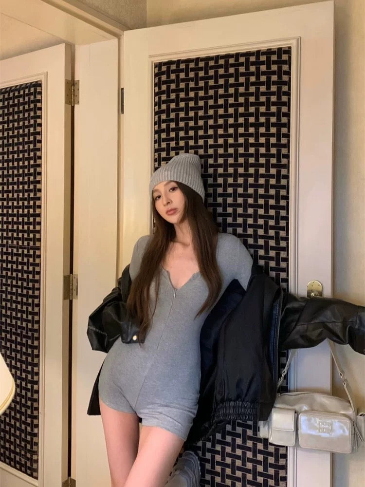 U Collar Long Sleeve Romper (Grey, Black)