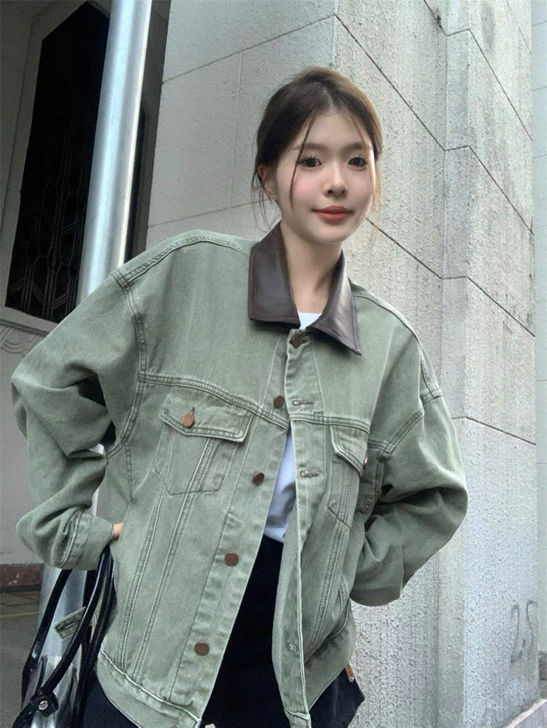 Army Green Denim PU Leather Collar Jacket