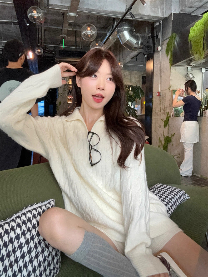 Cream Knitted Top + Shorts Two Piece Set