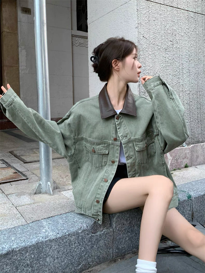 Army Green Denim PU Leather Collar Jacket