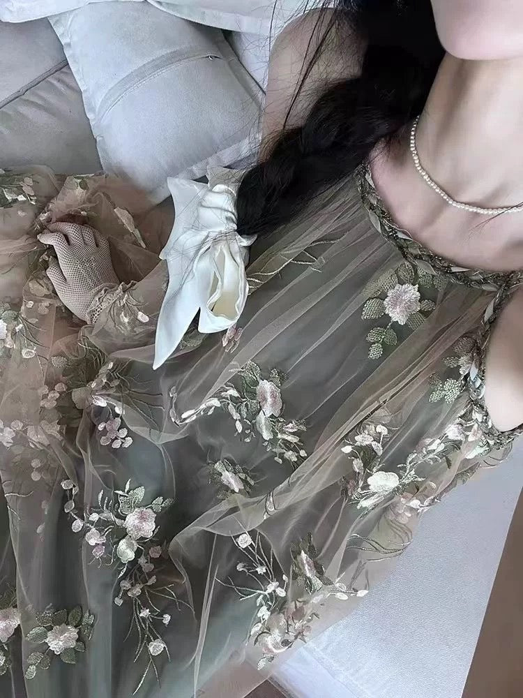 Mesh Flower Khaki Long Dress