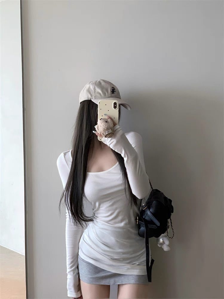 U Collar Thin Long Sleeve Long Top