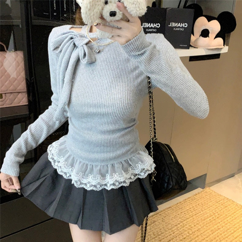 Tie Up Collar Grey Long Sleeve Top