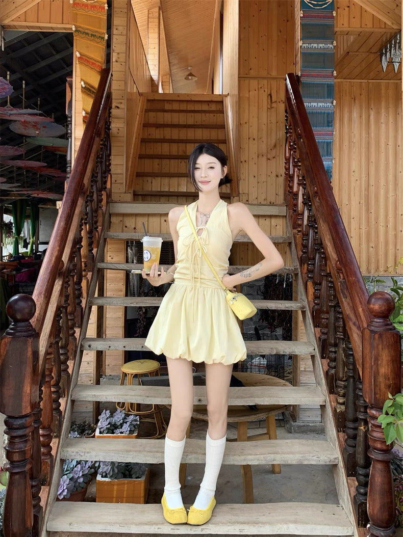 Round Collar Yellow Mini Dress