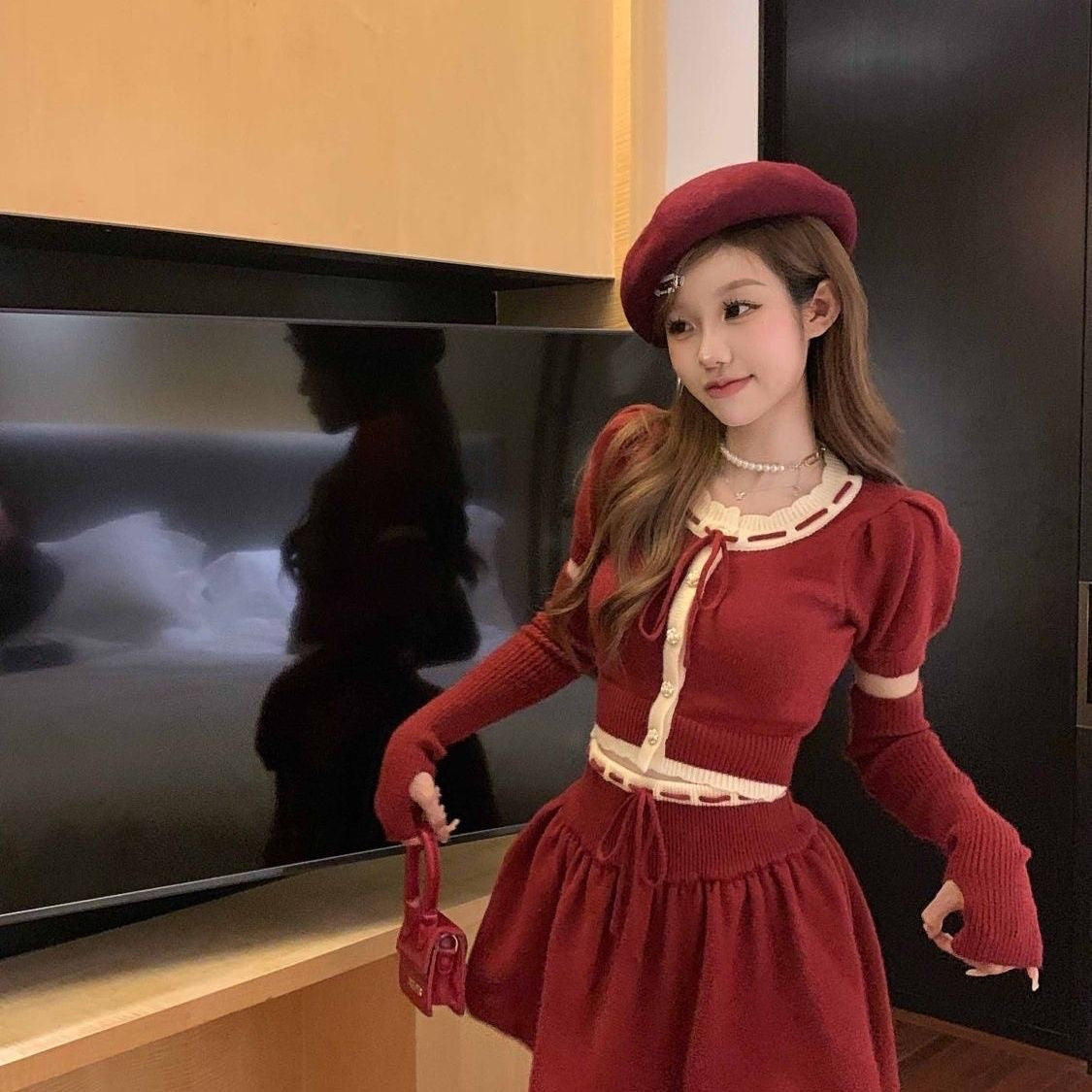 Red Knitted Crop Top + Skirt + Glove Three Piece Set