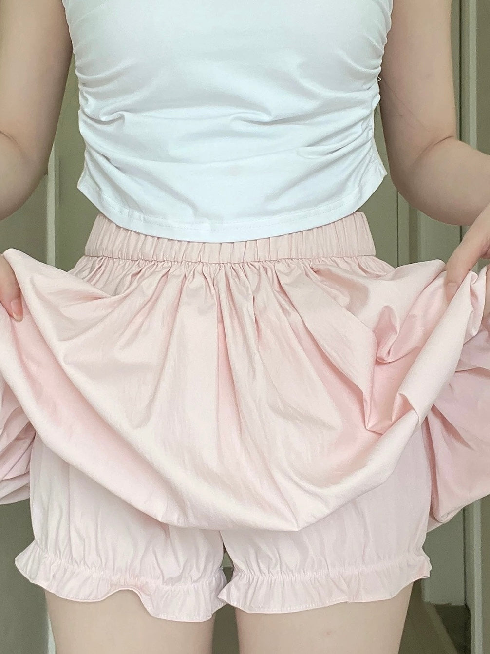 High Waist Lantern Skort Skirt SK12 (Pink, White)