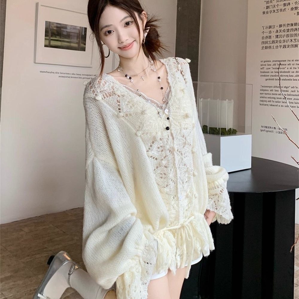 Lantern Sleeve Knitted Cardigan Top