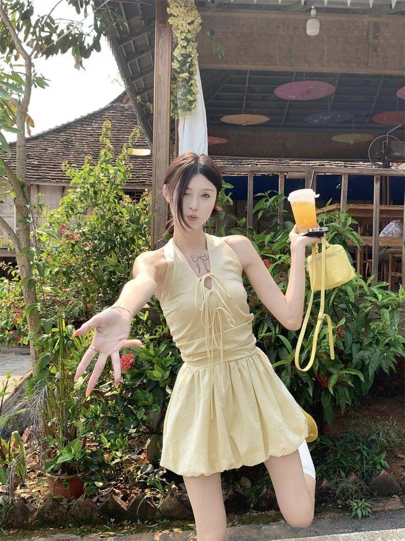 Round Collar Yellow Mini Dress