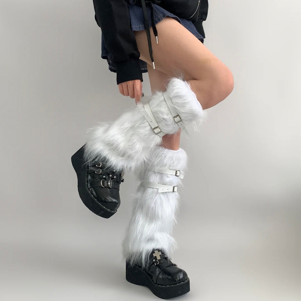 S016 Furry Long Socks With Belts
