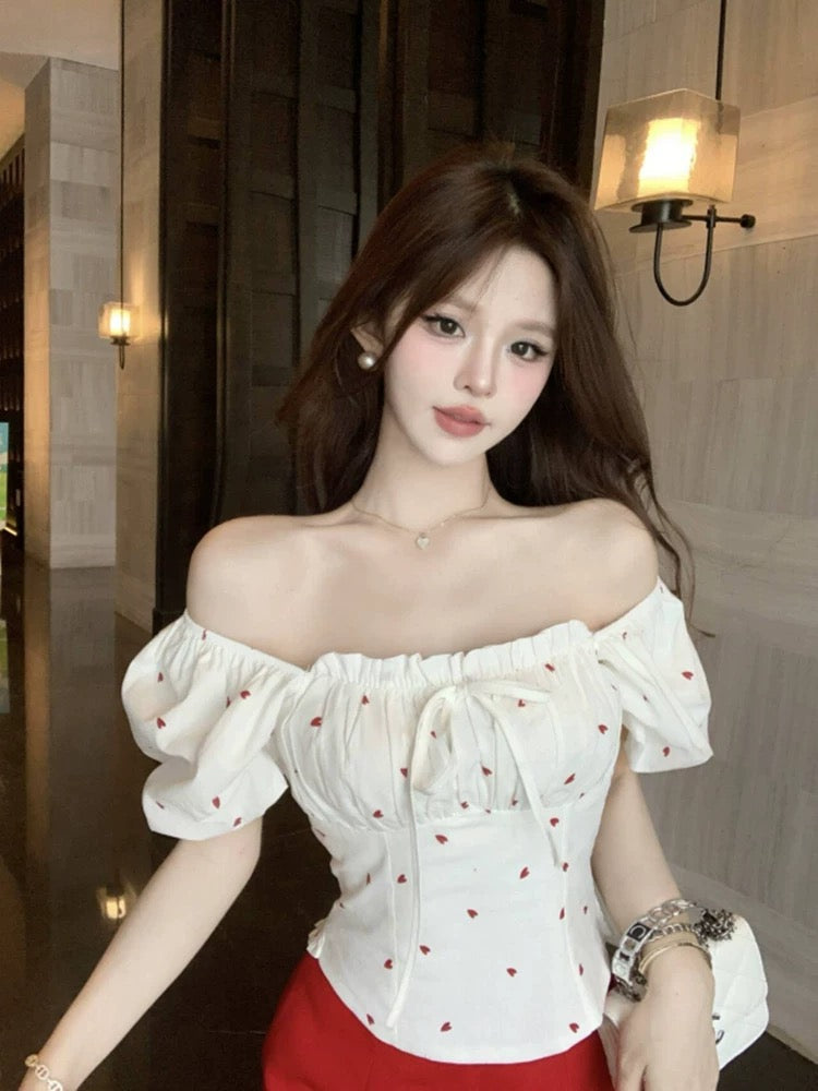 Mini Heart Puff Sleeve White Top