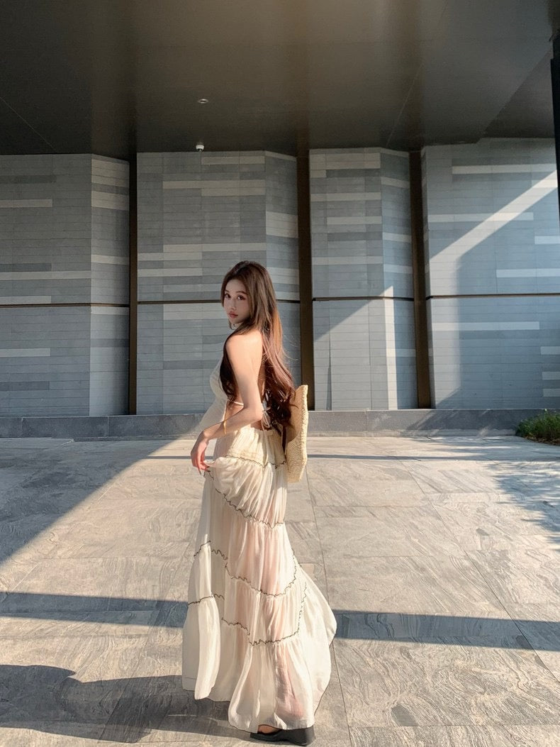 Beige Lace Top + Long Skirt Two Pieces Set