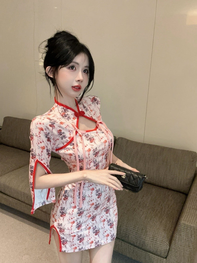 Red Rose Cheongsam Long Sleeve Short Dress (S)