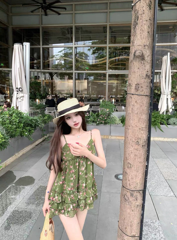 Green V Collar Chiffon Strap Floral Top