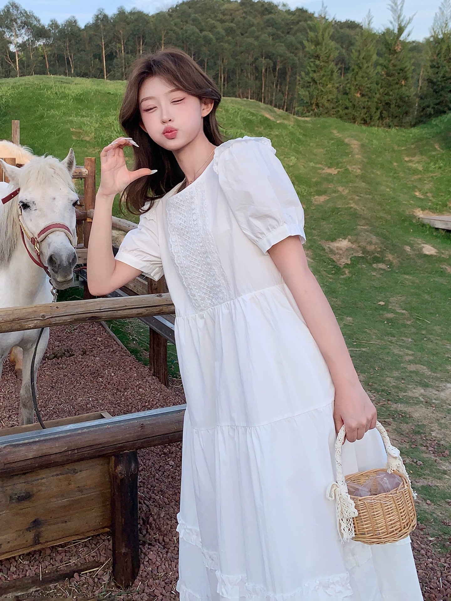 White Puff Sleeve Wide Long Dress