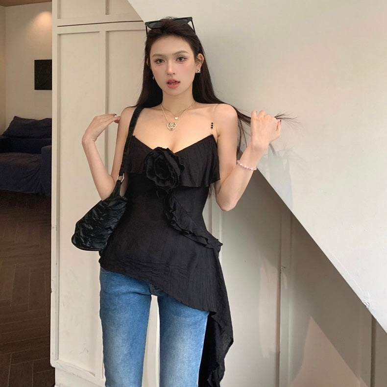 Summer Unequal Black Floral Strap Top