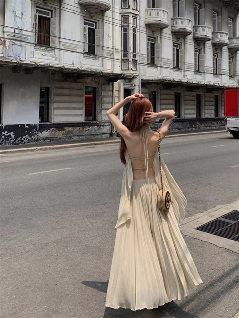 Khaki Chiffon Pleated Two Piece Set