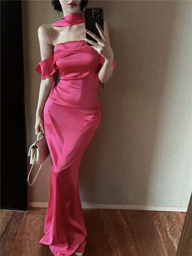 Silky Pink Tube Long Dress (S, M)