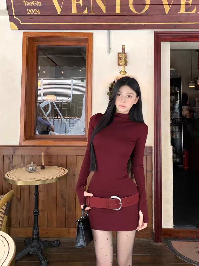 Red Wine Halter Collar Long Sleeve Dress with Belt