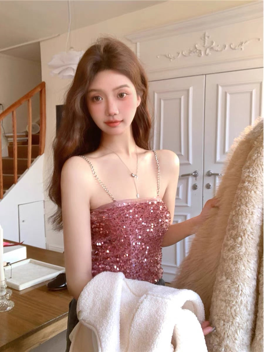 Shiny Strap Mesh Tube Top