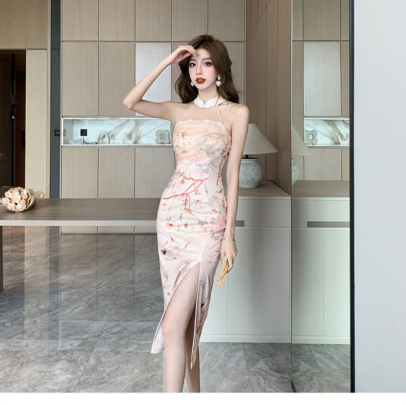 Floral Peach Halter Collar Cheongsam Long Dress (S, M)