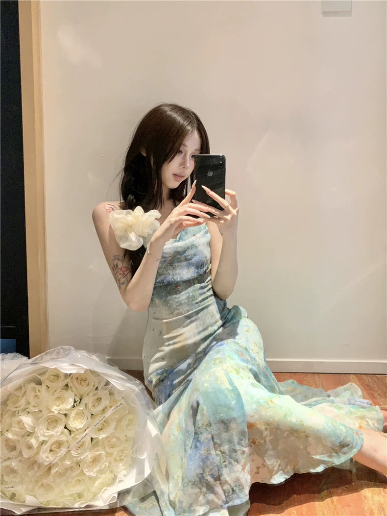 Chiffon Green Long Dress (XS, S, M)