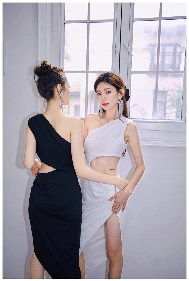 Summer Thin Side Waist Cut Long Dress (Black - S)