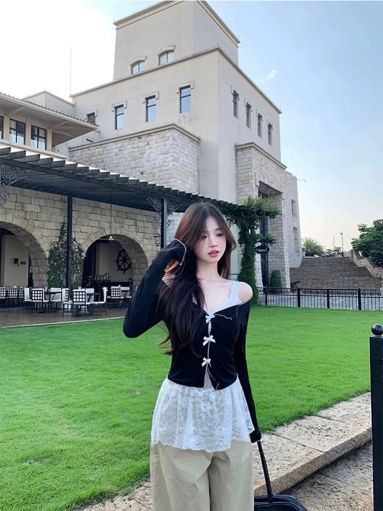 White Ribbon Black Top + White Laces Inner Top Two Piece Set