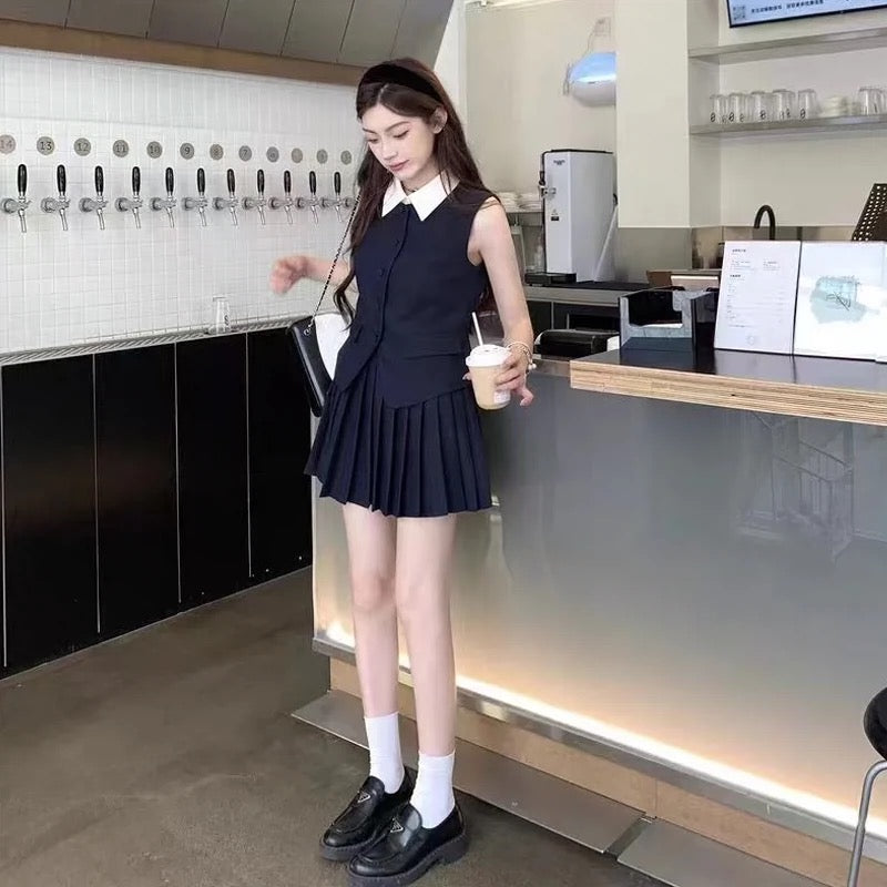 Collar Top + Pleated Skirt Two Piece Set (Black) M size