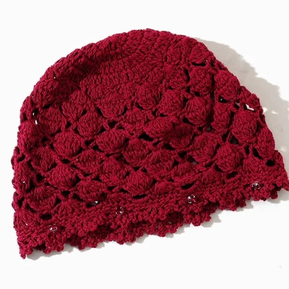H35 Wine Red Knitted Embroidery Hat