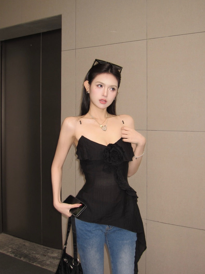 Summer Unequal Black Floral Strap Top