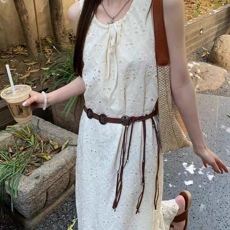 U Collar Embroidery Long Dress (Beige, White)