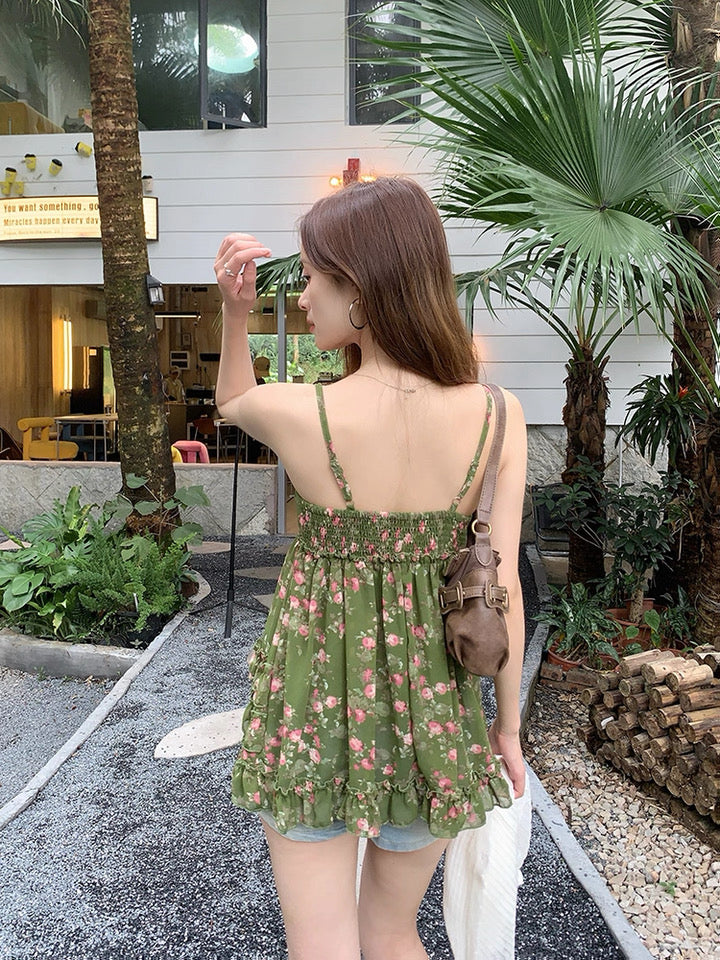 Green V Collar Chiffon Strap Floral Top