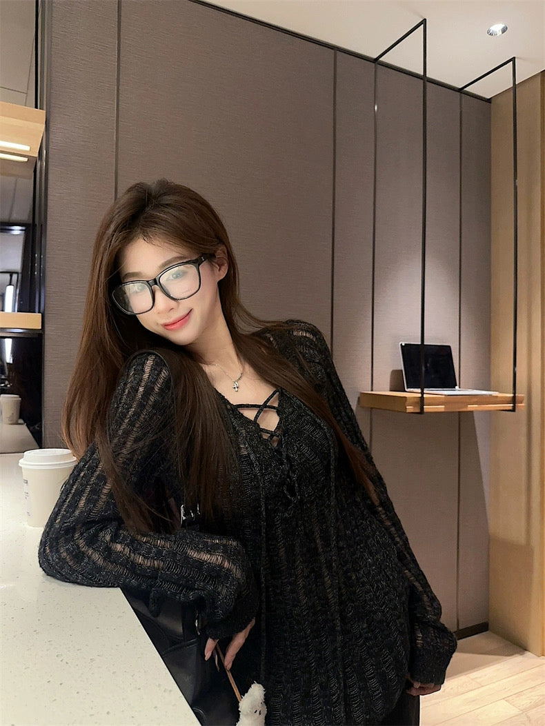 Black Knitted Long Sleeve Outerwear top