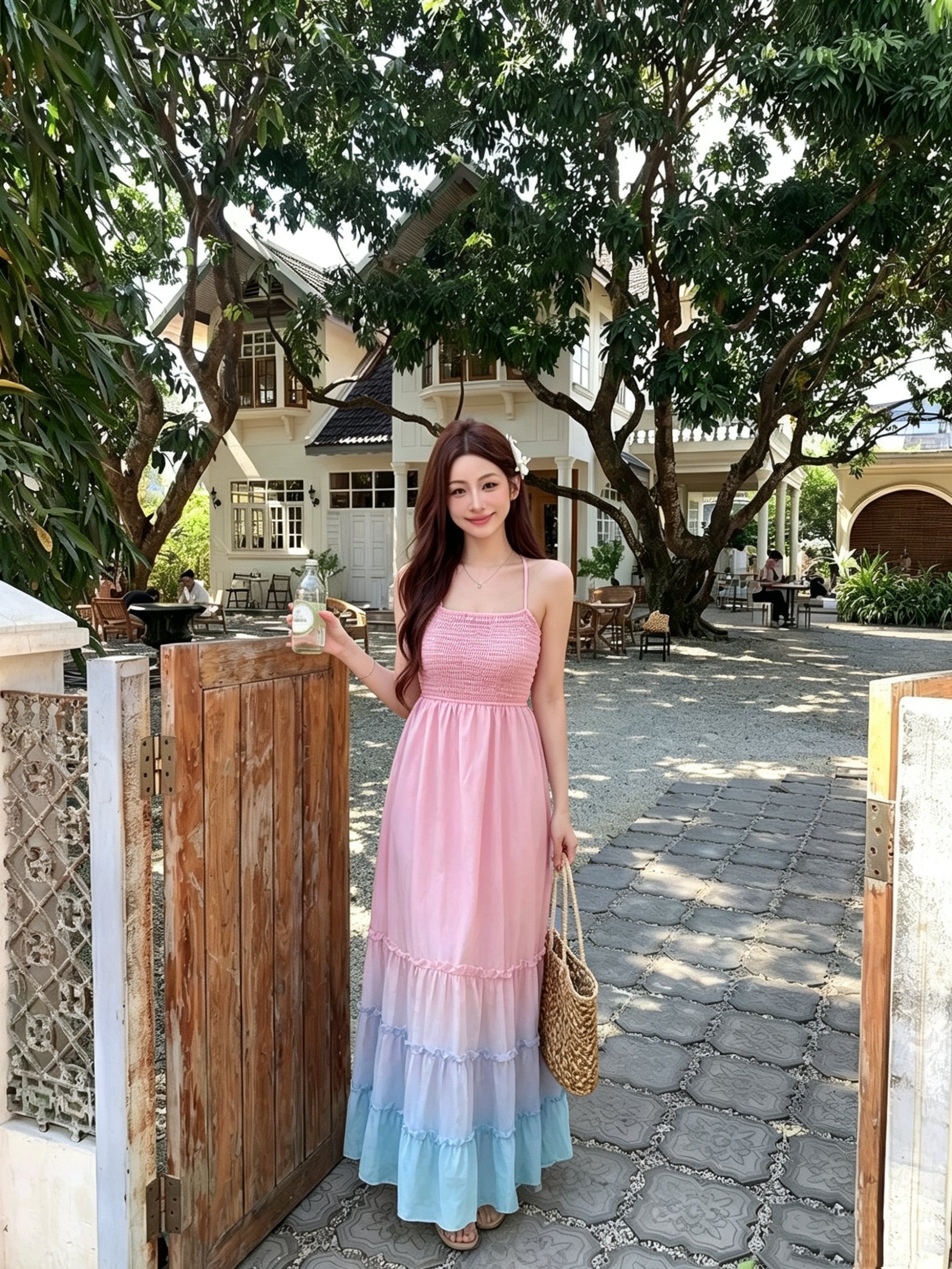 Ombre Pink Bareback Maxi Long Dress