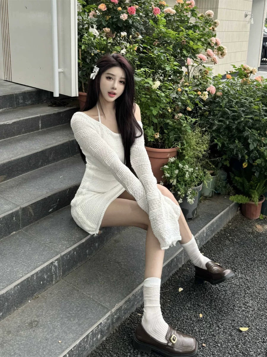 U Collar Knitted Long Sleeve Two Piece Set