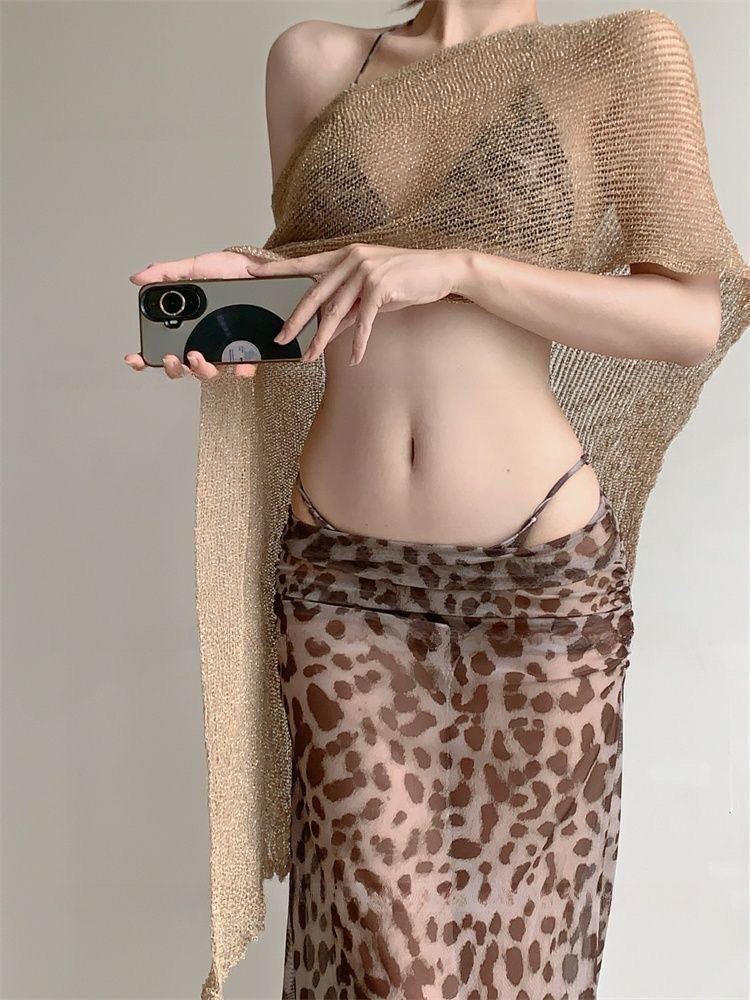 Leopard Bikini + Skirt + Top BK55 Four Piece Set