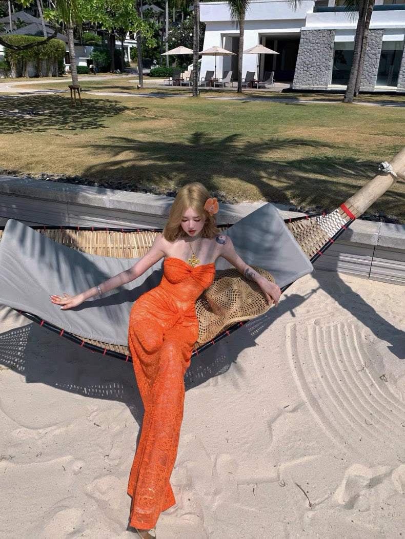 Orange Lacey Tube Long Dress (S)