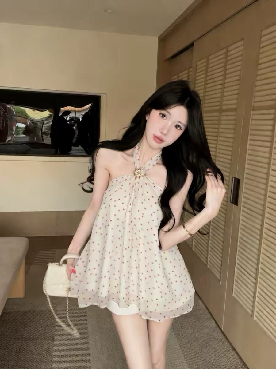 Polka Dot Round Neck Chiffon Long Top