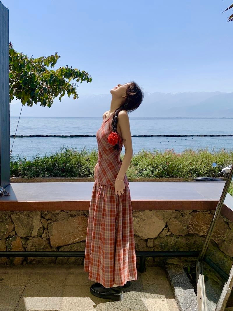 Grid Red Long Dress
