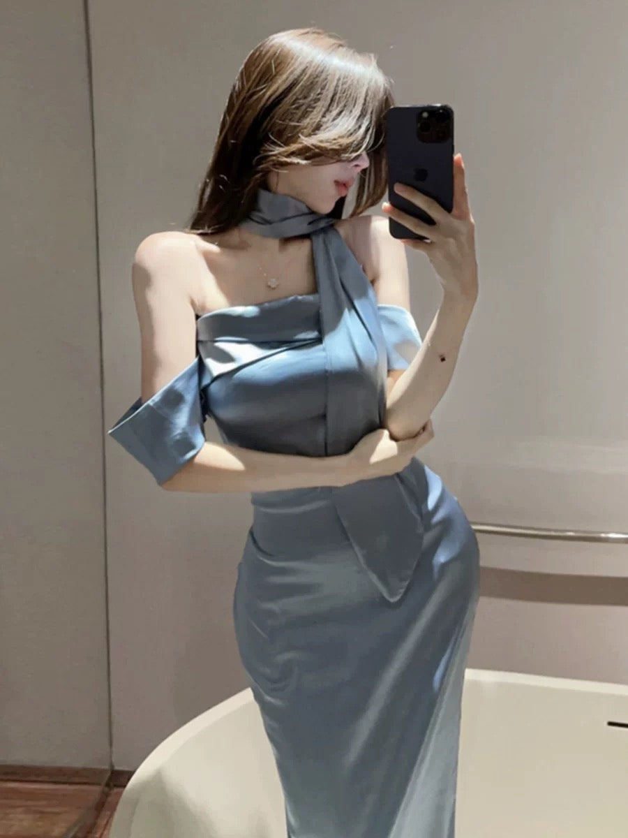 Silky Blue Tube Long Dress (S, M)