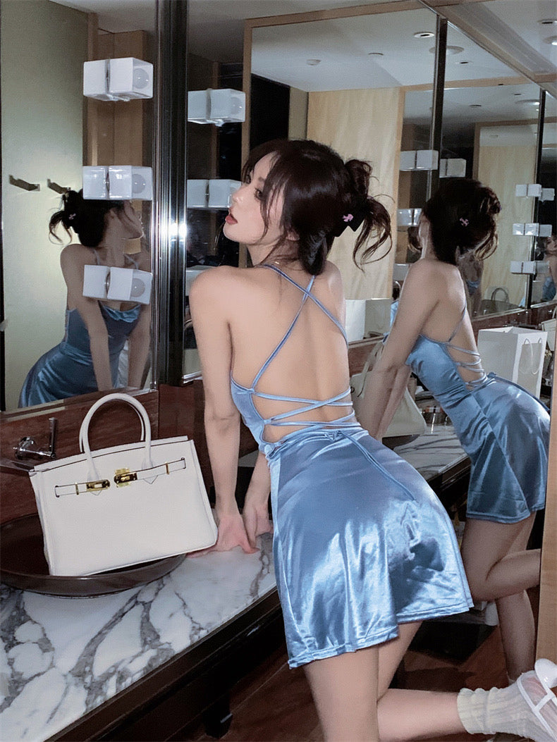 Silky Bareback Blue Dress