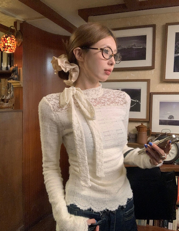 Ribbon Collar Wavy Bottom Long Sleeve Top (L/XL)