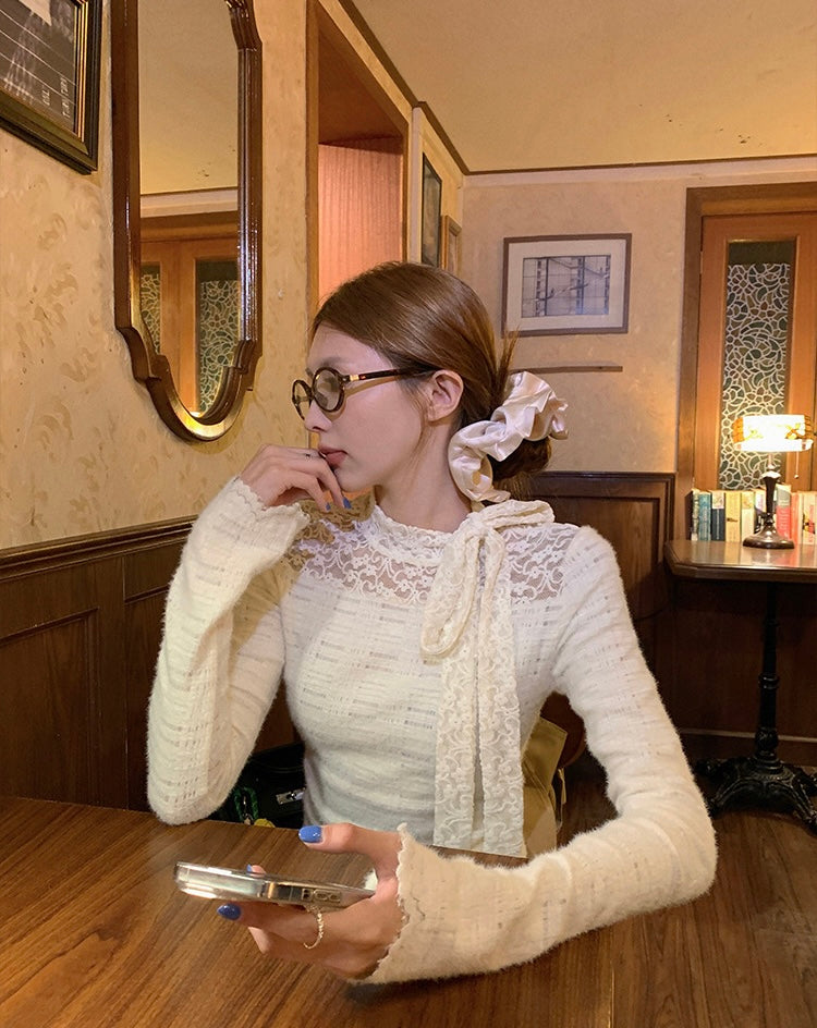 Ribbon Collar Wavy Bottom Long Sleeve Top (L/XL)