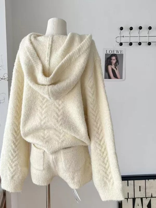 Thick Hoodie Cream Knitted Top + Shorts Two Piece Set