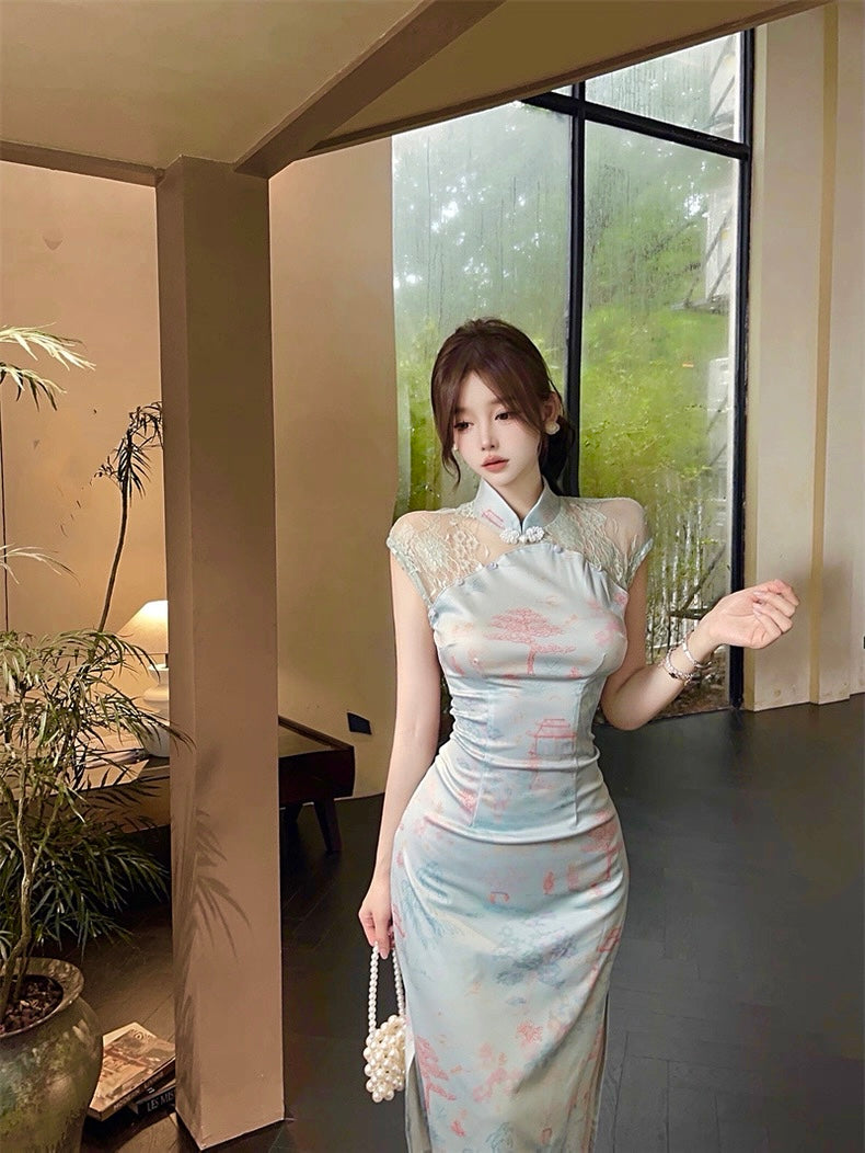 Green Lace Collar Cheongsam CD007 Long Dress
