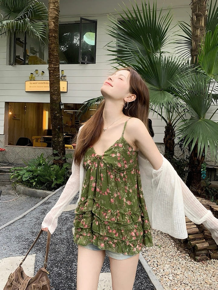 Green V Collar Chiffon Strap Floral Top