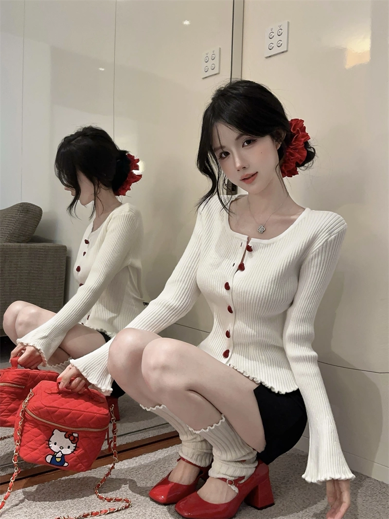 Heart Button Knitted Long Sleeve Cardigan Top