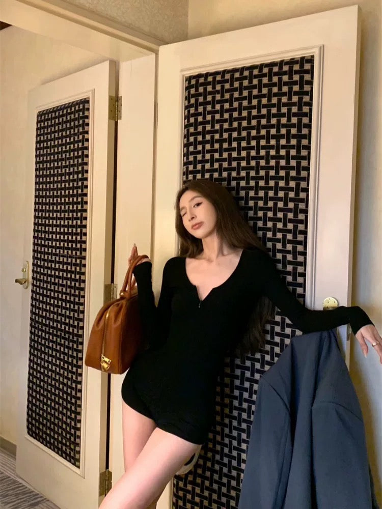 U Collar Long Sleeve Romper (Grey, Black)